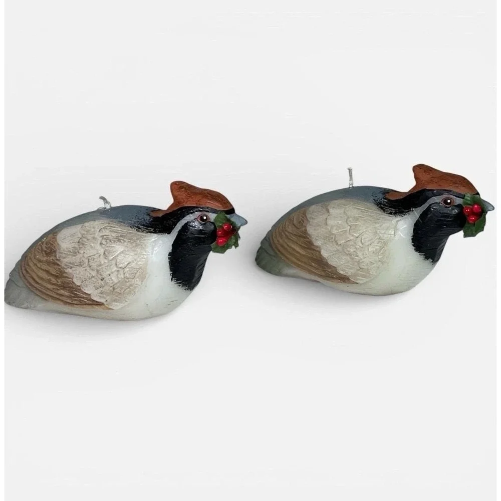 Vintage Pair Bobwhite Quail Bird Candles Holly Berries Christmas Rustic Woodland